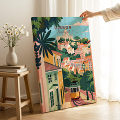 Lisbon Portugal Tram and Castle View Art Print | Pastel Cityscape Poster featuring colorful buildings and a tram.
