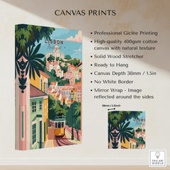 Lisbon Portugal Tram and Castle View Art Print | Pastel Cityscape Poster showcasing vibrant colors and detailed design.