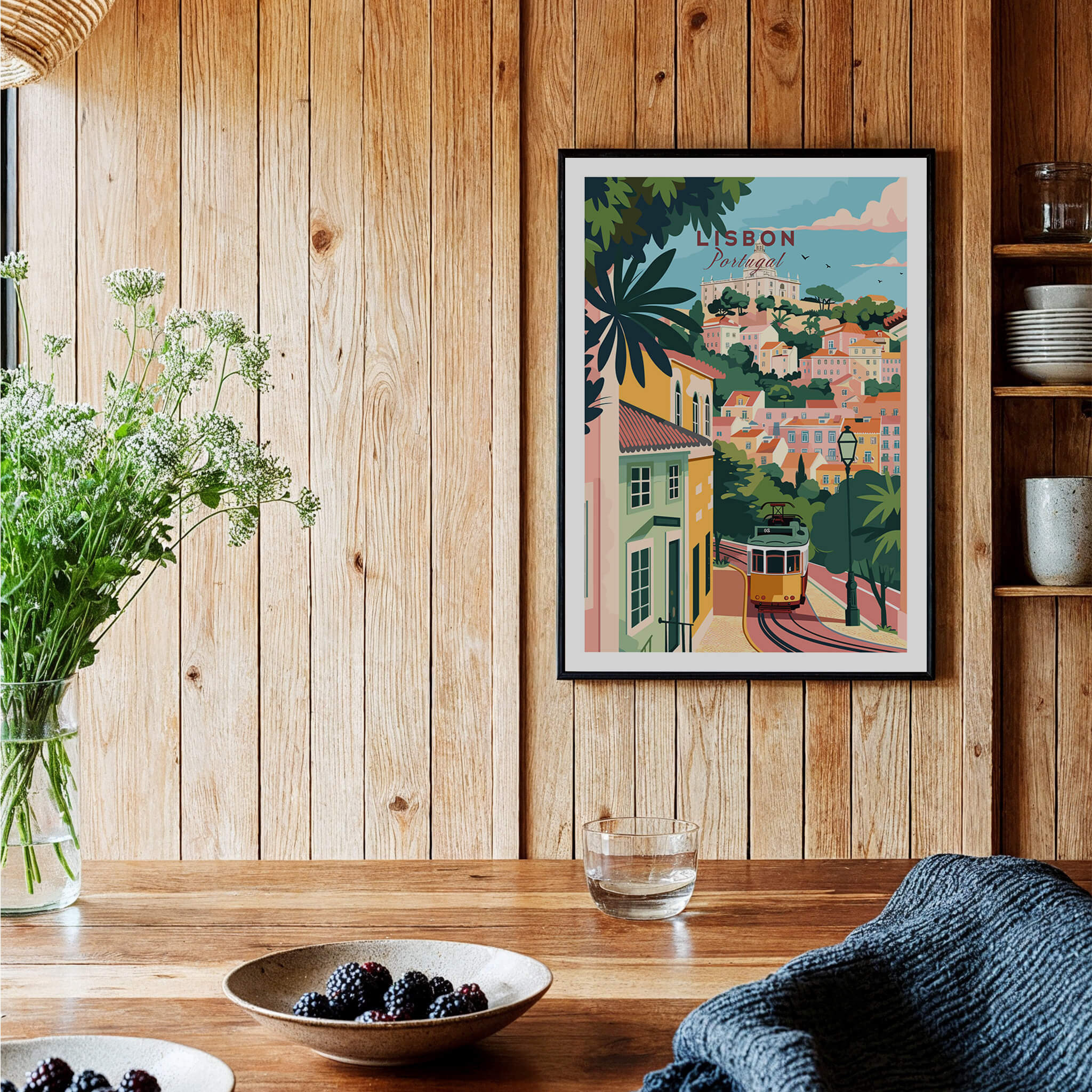 Lisbon Portugal Tram and Castle View Art Print | Pastel Cityscape Poster displayed in a cozy interior setting.