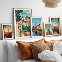 Lisbon Portugal Tram and Castle View Art Print | Pastel Cityscape Poster on a stylish interior wall.