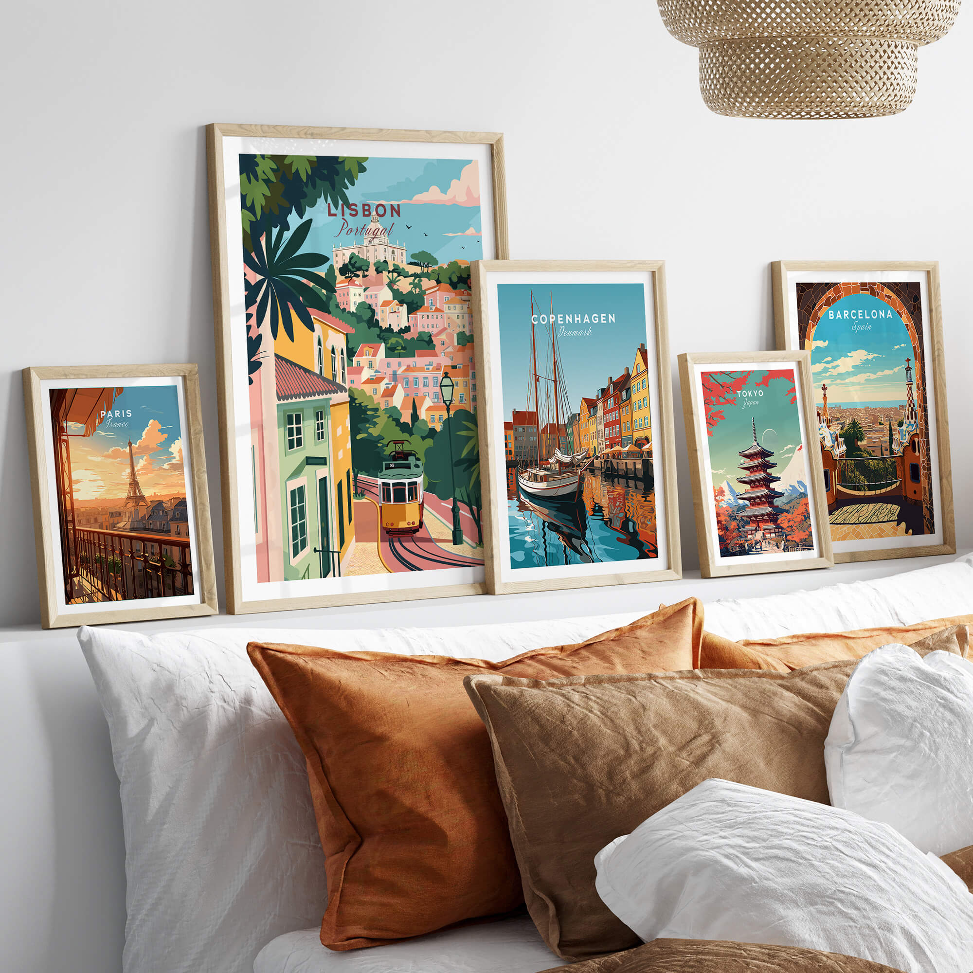 Lisbon Portugal Tram and Castle View Art Print | Pastel Cityscape Poster on a stylish interior wall.