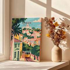 Lisbon Portugal Tram and Castle View Art Print | Pastel Cityscape Poster displayed beside a vase of dried flowers.