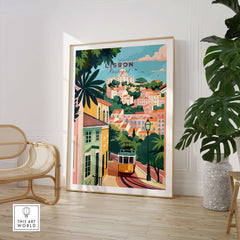Lisbon Portugal Tram and Castle View Art Print | Pastel Cityscape Poster displayed in a stylish living room setting.