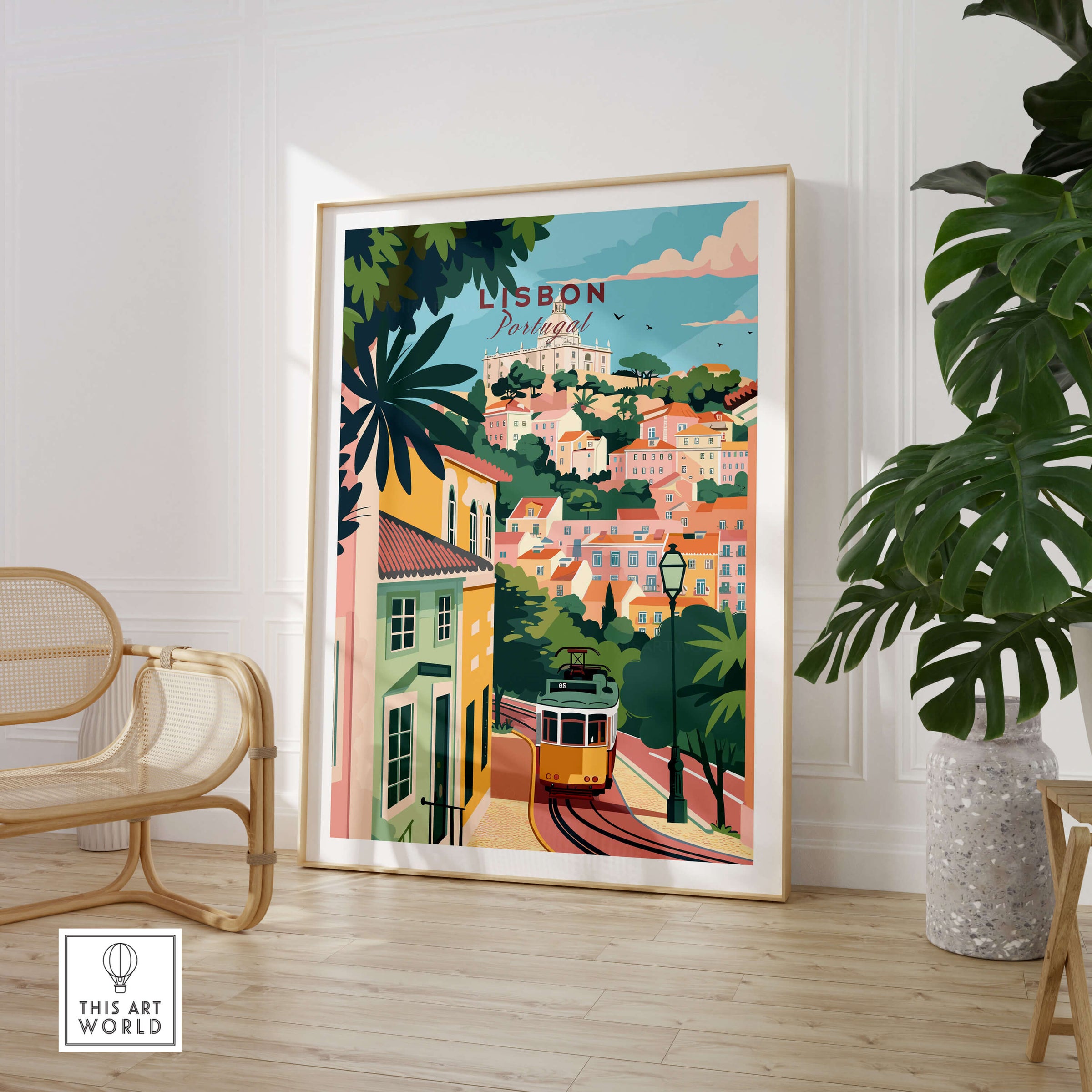 Lisbon Portugal Tram and Castle View Art Print | Pastel Cityscape Poster displayed in a stylish living room setting.