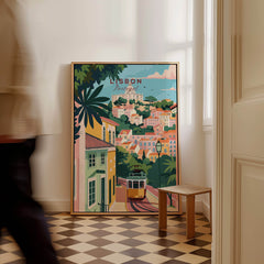 Lisbon Portugal Tram and Castle View Art Print | Pastel Cityscape Poster displayed in a stylish indoor setting.