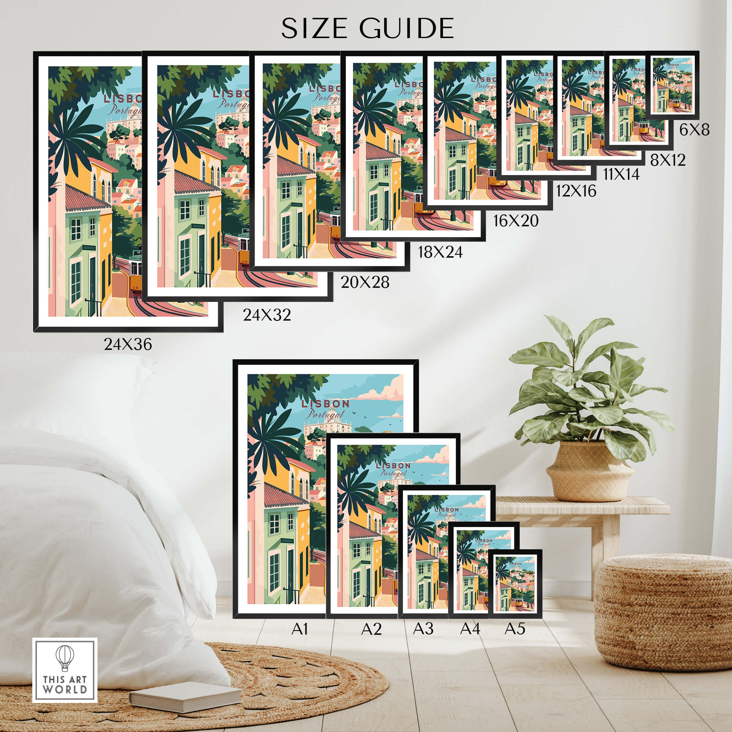 Lisbon Portugal Tram and Castle View Art Print | Pastel Cityscape Poster size guide with various frame sizes displayed.