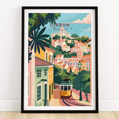 Lisbon Portugal Tram and Castle View Art Print | Pastel Cityscape Poster in a framed design.