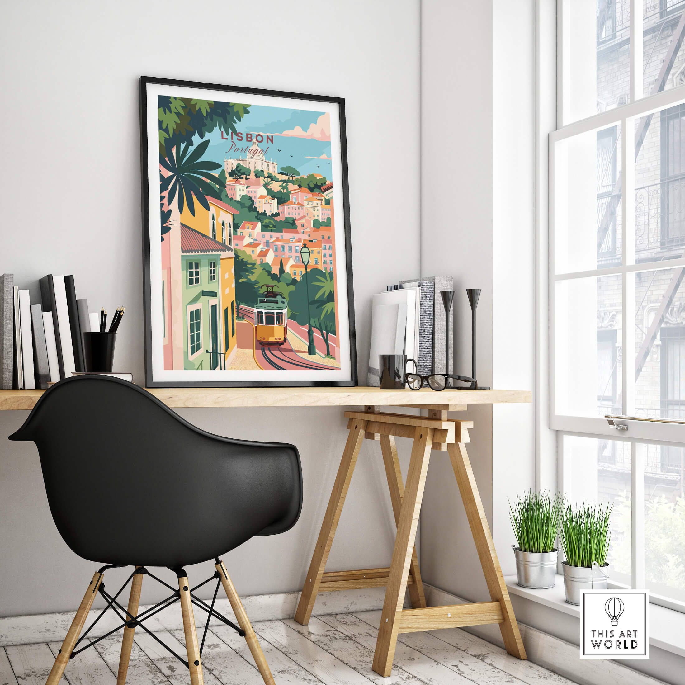 Lisbon Portugal Tram and Castle View Art Print | Pastel Cityscape Poster displayed in a stylish interior setting.