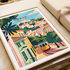 Lisbon Portugal Tram and Castle View Art Print | Pastel Cityscape Poster displayed in a modern frame on a neutral surface.