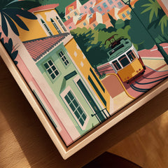 Lisbon Portugal Tram and Castle View Art Print | Pastel Cityscape Poster featuring a vibrant tram and colorful buildings.