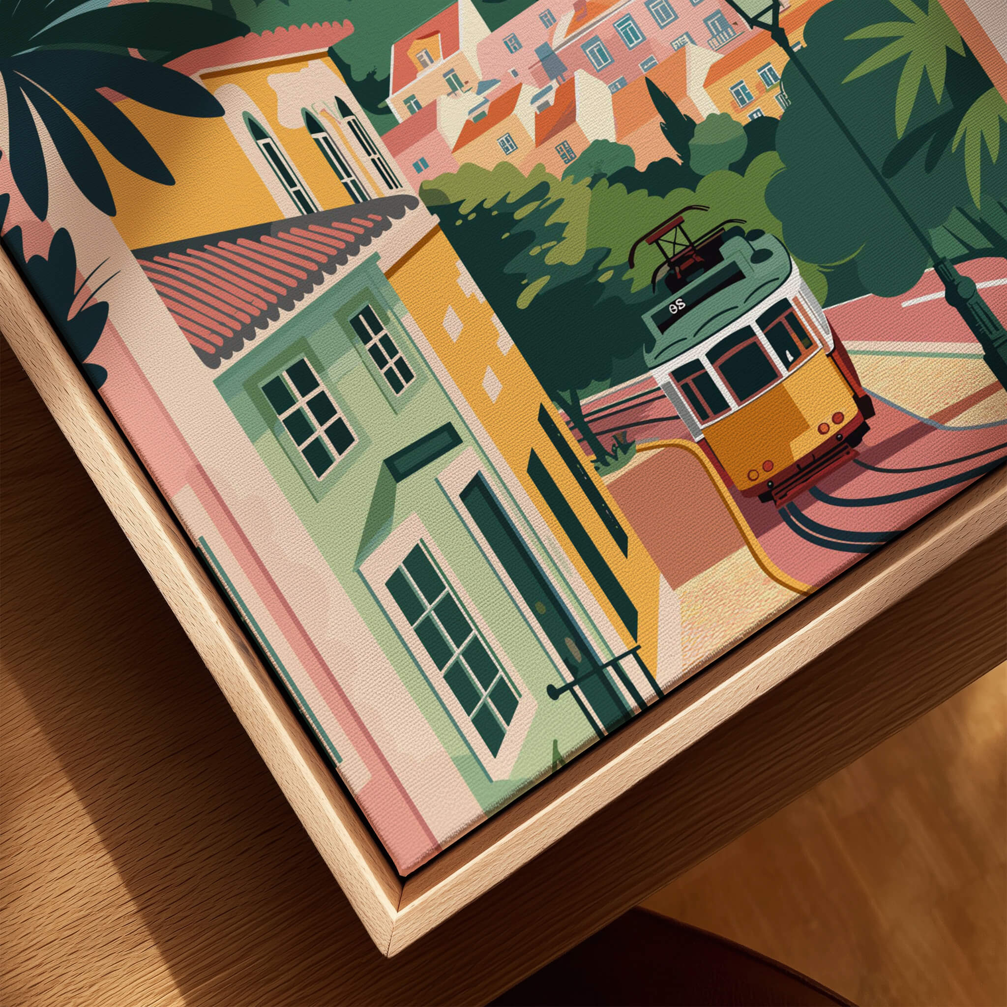 Lisbon Portugal Tram and Castle View Art Print | Pastel Cityscape Poster featuring a vibrant tram and colorful buildings.