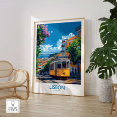 Lisbon Portugal Yellow Tram 28 Art Print | Alfama Hills Wall Decor in a bright living room setting.