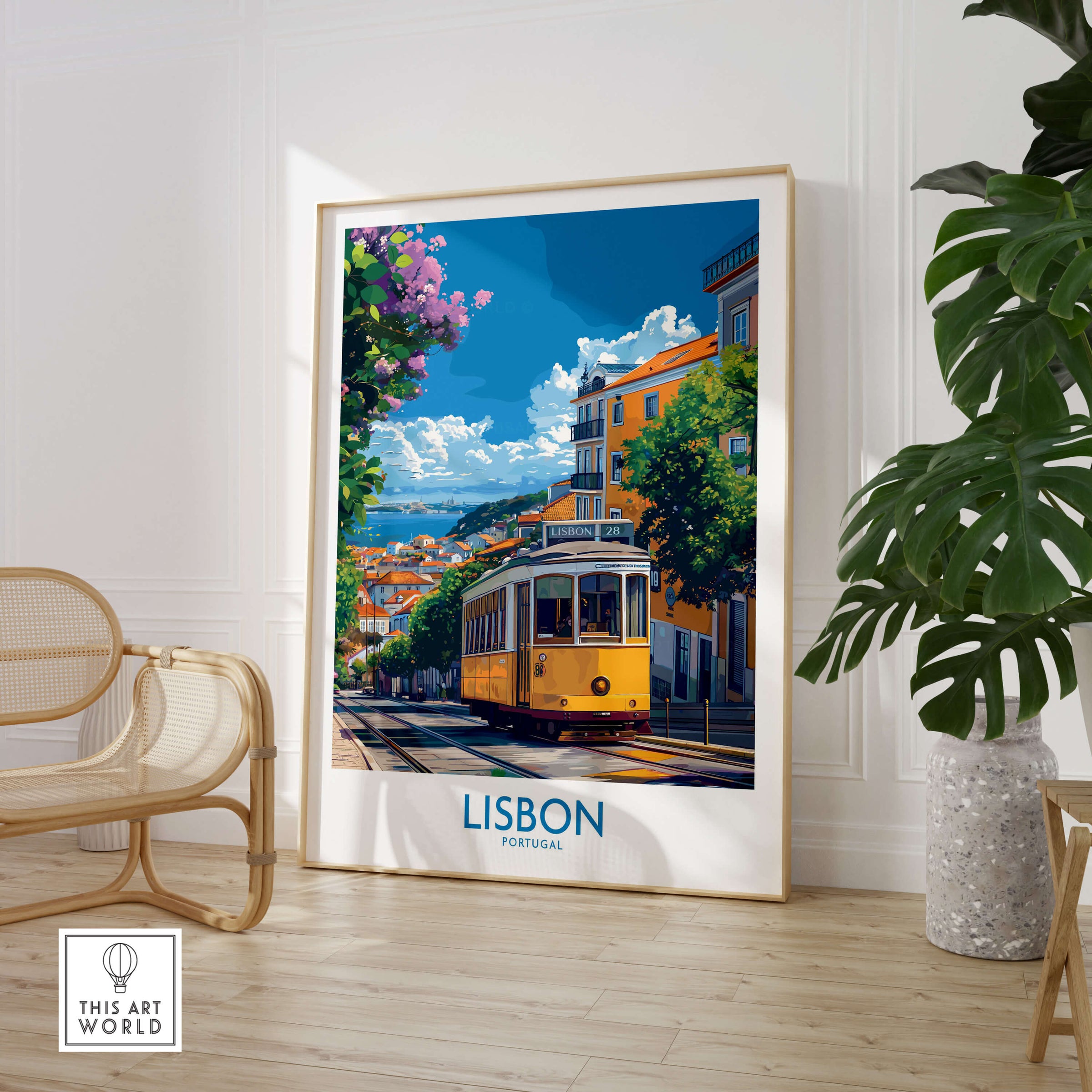 Lisbon Portugal Yellow Tram 28 Art Print | Alfama Hills Wall Decor in a bright living room setting.