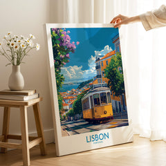 Lisbon Portugal Yellow Tram 28 Art Print | Alfama Hills Wall Decor displayed in a cozy indoor setting.