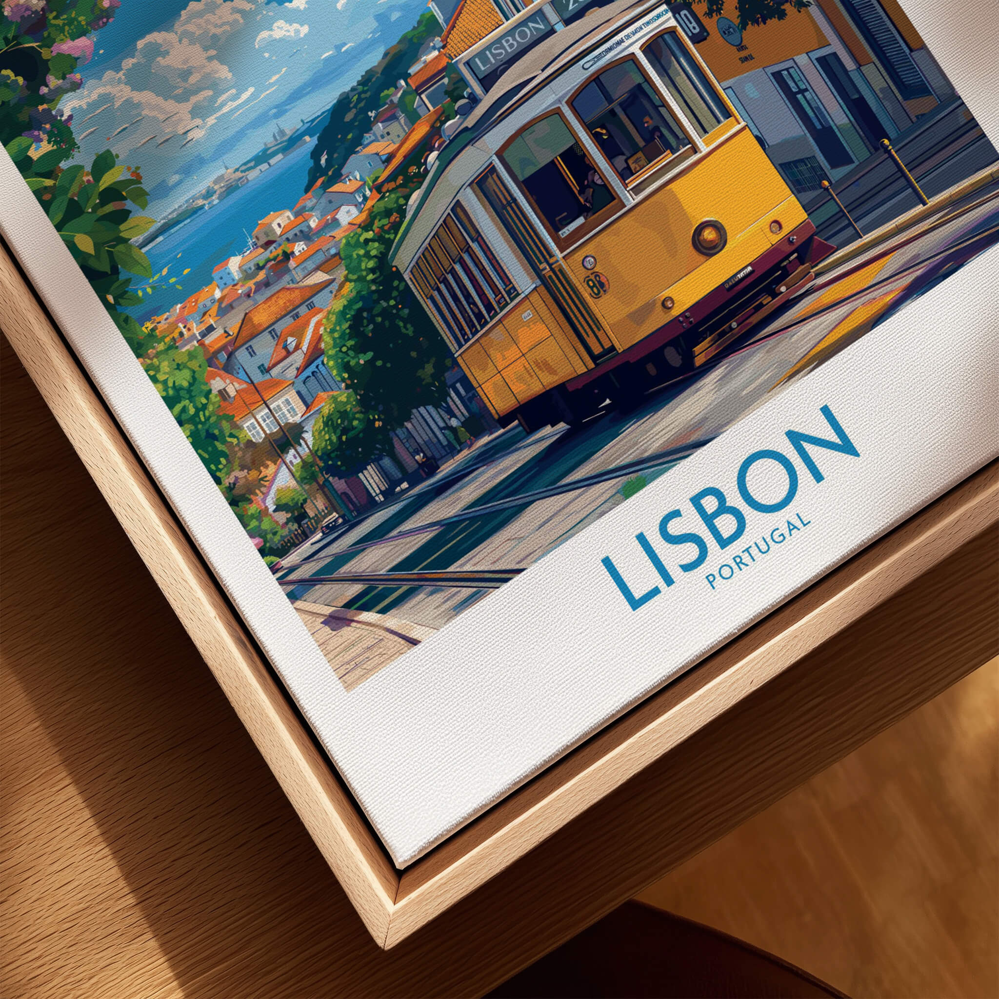 Lisbon Portugal Yellow Tram 28 Art Print | Alfama Hills Wall Decor featuring a vibrant yellow tram in the historic Alfama Hills.
