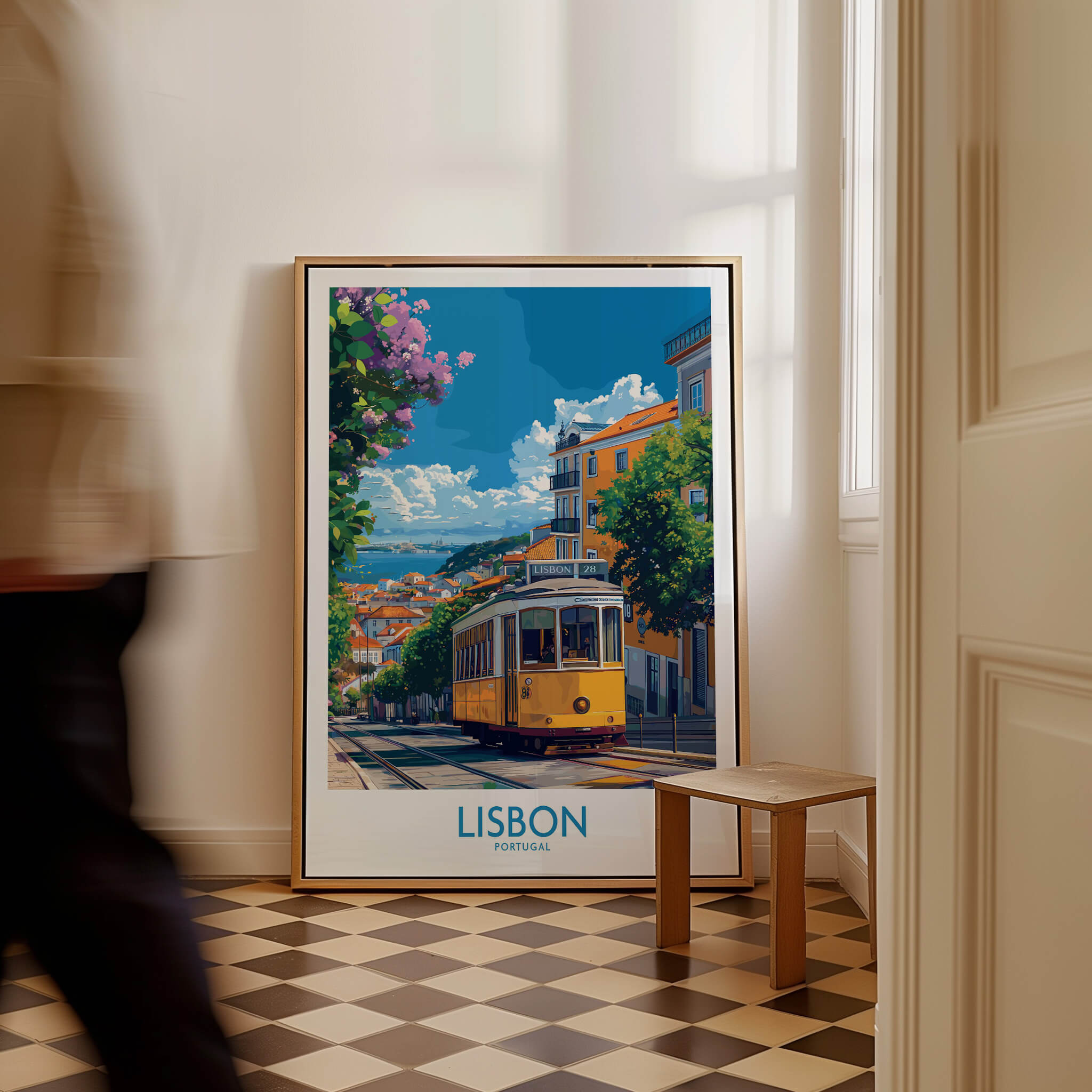 Lisbon Portugal Yellow Tram 28 Art Print | Alfama Hills Wall Decor showcasing a vibrant tram in a stylish interior setting.