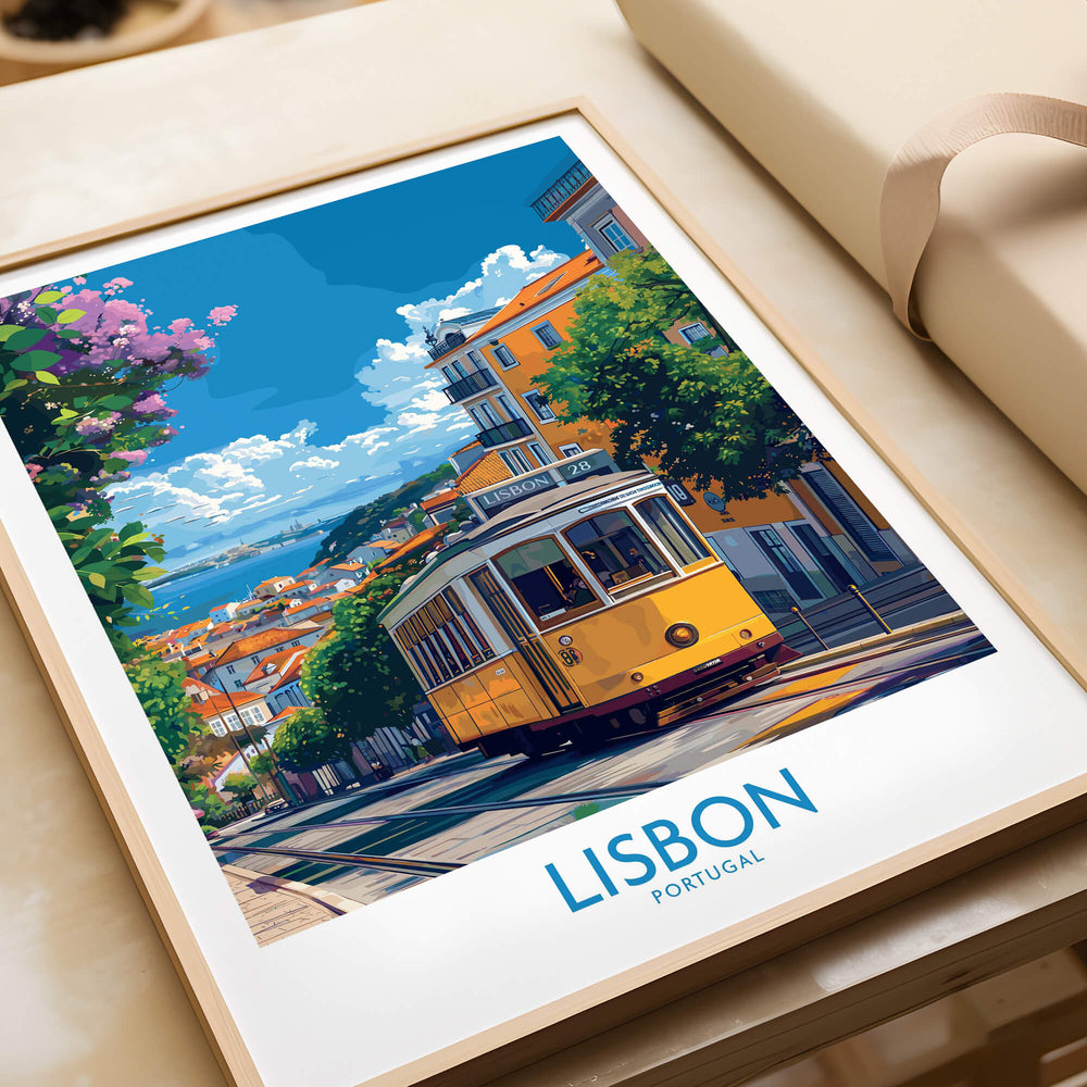 Lisbon Portugal Yellow Tram 28 Art Print | Alfama Hills Wall Decor featuring the iconic yellow tram and vibrant cityscape.