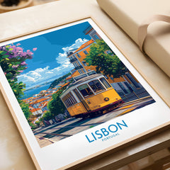 Lisbon Portugal Yellow Tram 28 Art Print | Alfama Hills Wall Decor featuring the iconic yellow tram and vibrant cityscape.