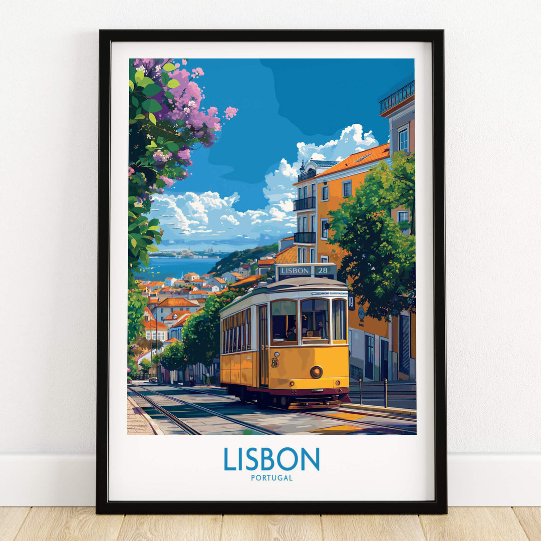 Lisbon Portugal Yellow Tram 28 Art Print | Alfama Hills Wall Decor featuring the iconic tram in vibrant colors.