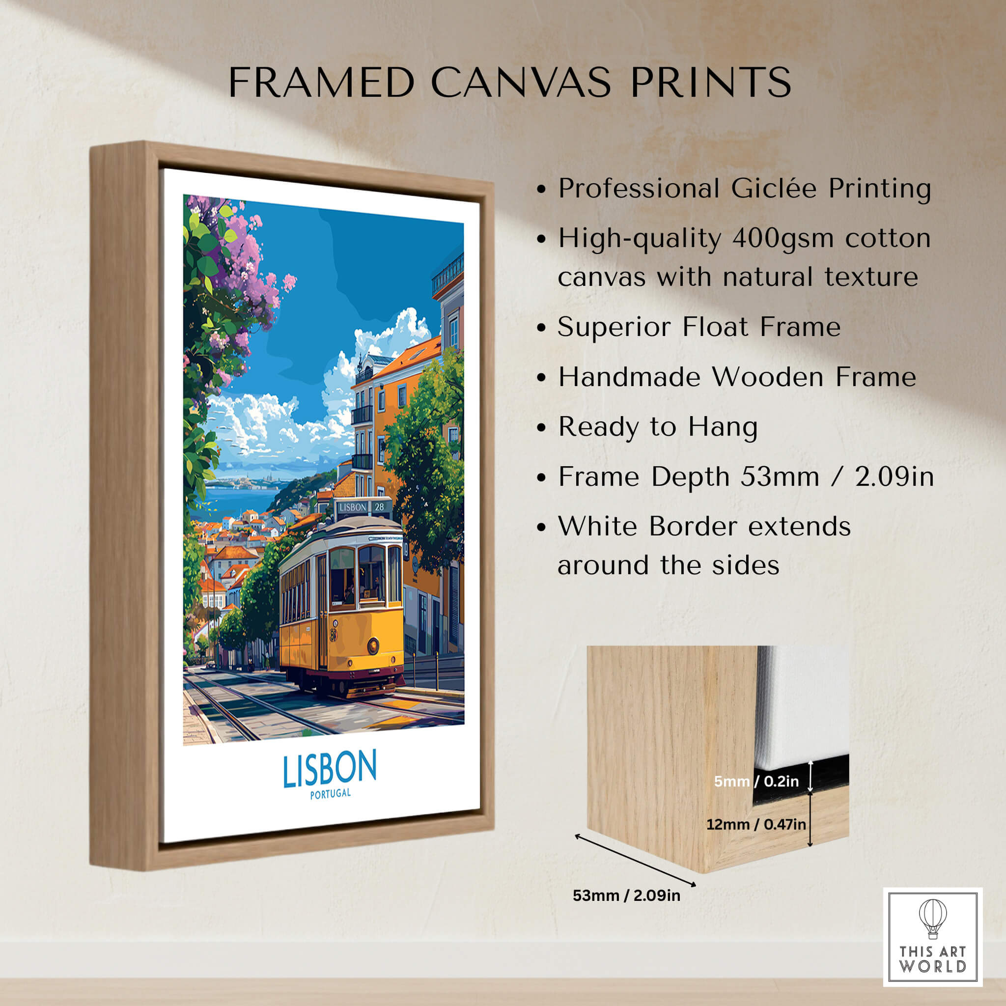 Lisbon Portugal Yellow Tram 28 Art Print | Alfama Hills Wall Decor featuring vibrant colors and framed design.