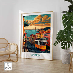 Lisbon Poster - Portugal featuring Tram 28 amidst a scenic Lisbon landscape, perfect for home or office decor.