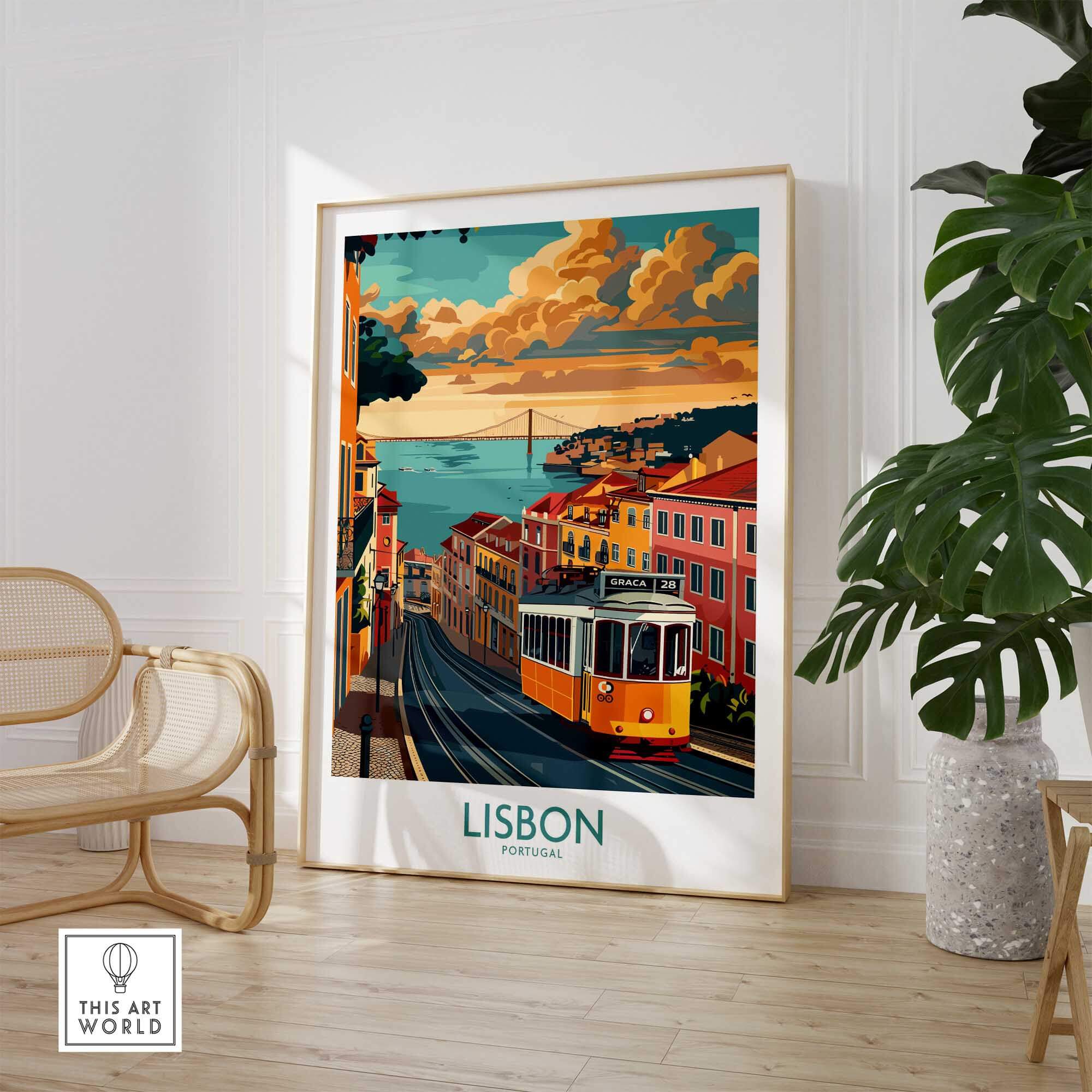 Lisbon Poster - Portugal featuring Tram 28 amidst a scenic Lisbon landscape, perfect for home or office decor.