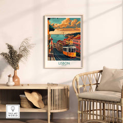 Lisbon Poster - Portugal featuring a classic Tram 28 in a vibrant cityscape at home decor.