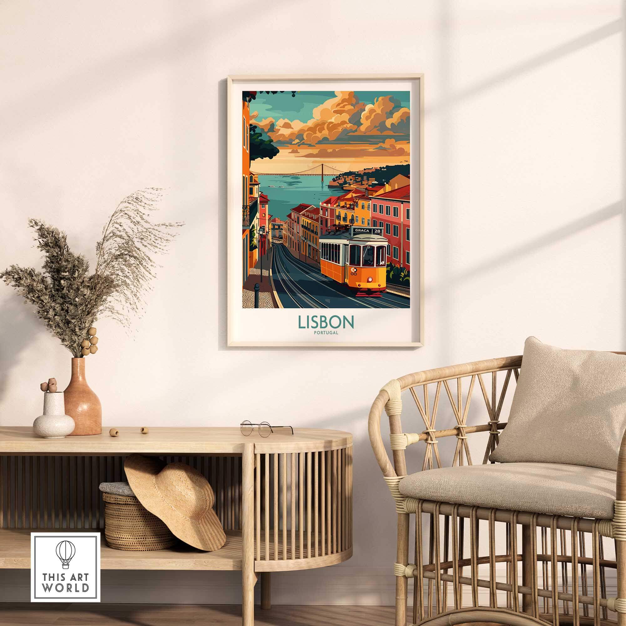 Lisbon Poster - Portugal featuring a classic Tram 28 in a vibrant cityscape at home decor.