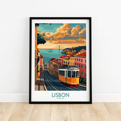 Lisbon Poster - Portugal featuring vibrant Tram 28 against a scenic Lisbon backdrop.