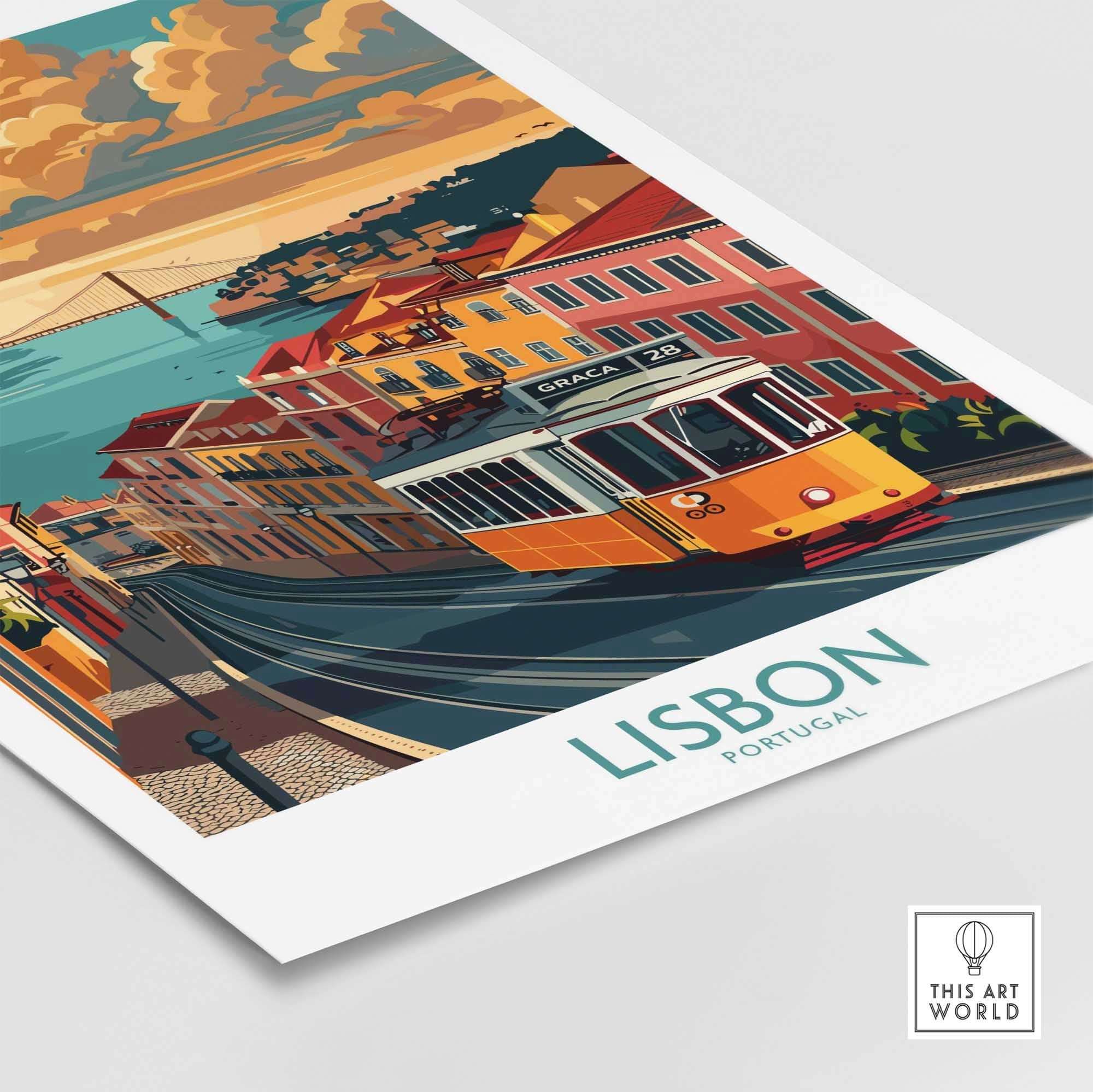 Lisbon Poster - Portugal showcasing Tram 28 in a vibrant urban scene of Lisbon's colorful architecture.