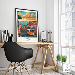 Lisbon Poster - Portugal displayed in a stylish home office with Tram 28 in a vibrant city scene.