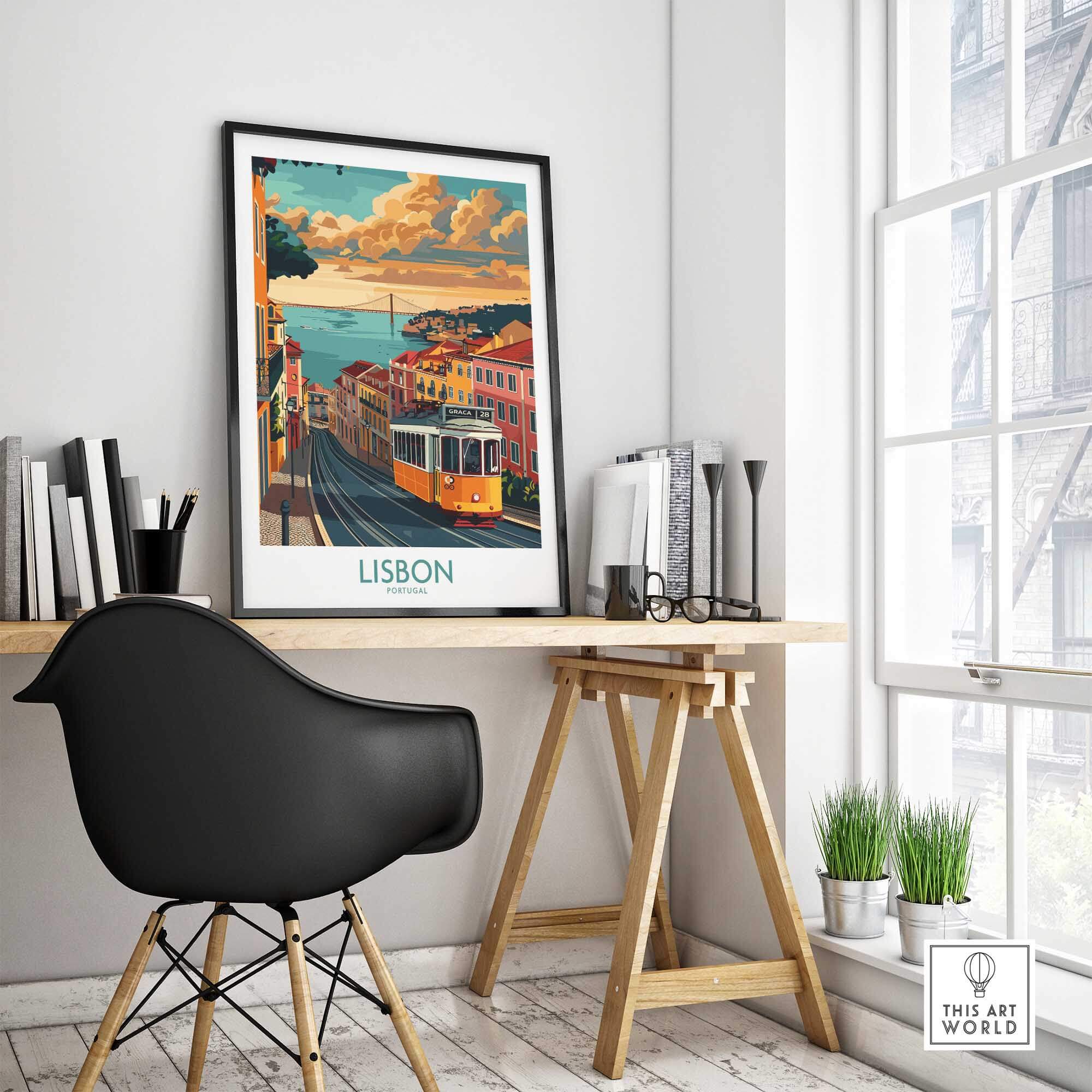 Lisbon Poster - Portugal displayed in a stylish home office with Tram 28 in a vibrant city scene.