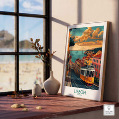 Lisbon Poster - Portugal displayed in a sunny room with a classic Tram 28 and scenic view outside.