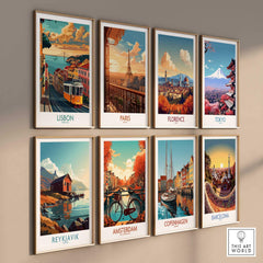 Lisbon Poster - Portugal displayed with other city travel posters on a stylish wall.