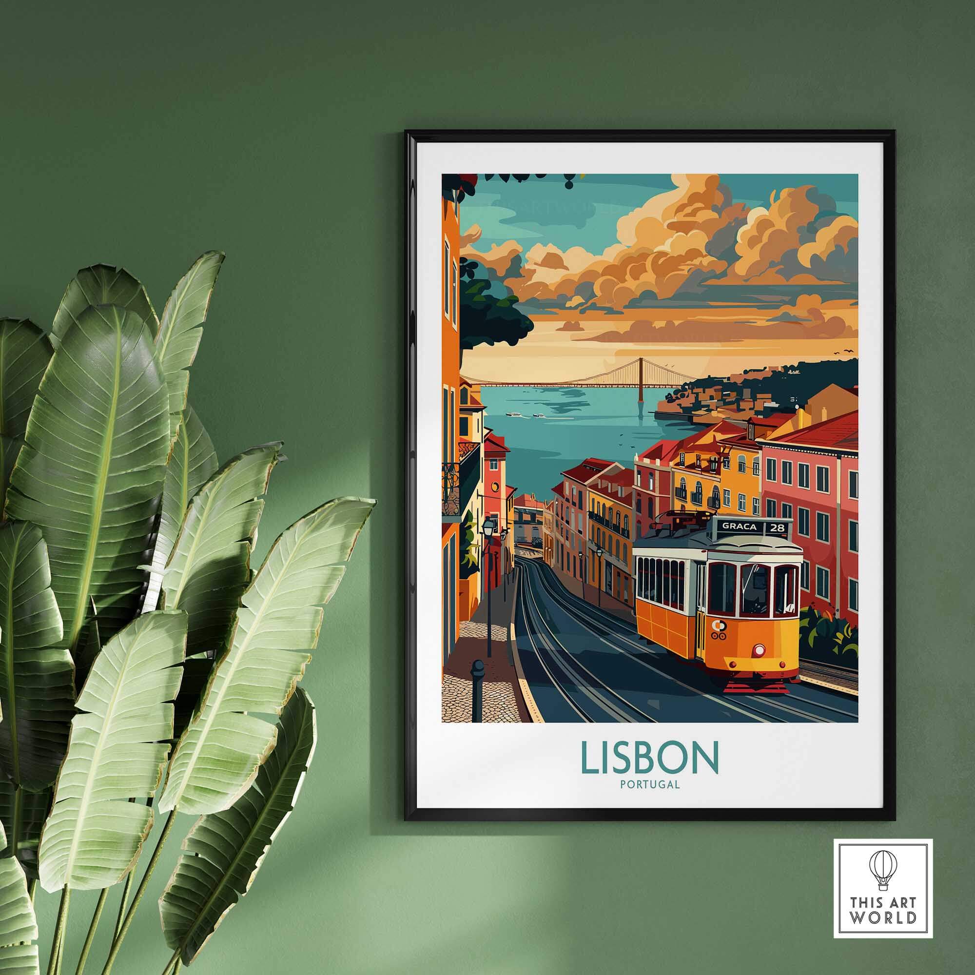 Lisbon Poster - Portugal featuring a classic Tram 28 against a vibrant city backdrop.