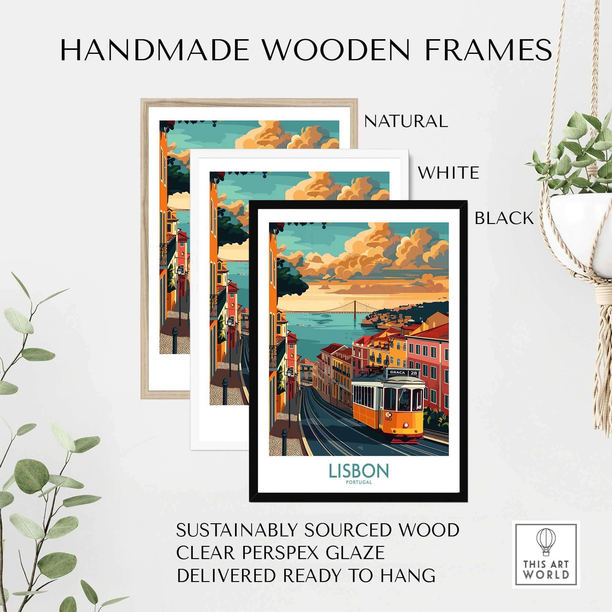 Lisbon Poster - Portugal framed in natural, white, and black handmade wooden frames with a scenic view.