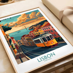 Lisbon Poster - Portugal featuring a classic Tram 28 amidst vibrant city scenery and beautiful clouds.