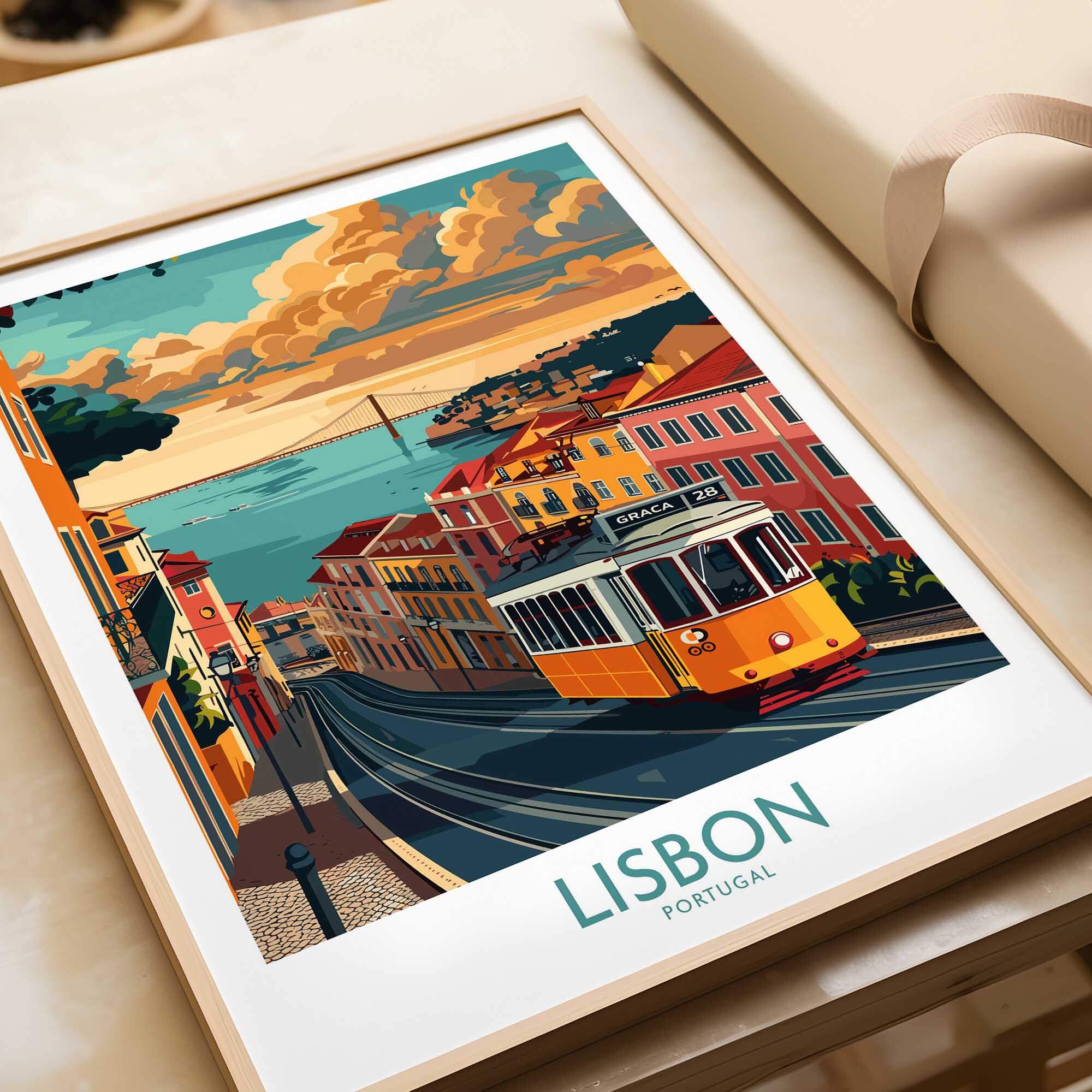 Lisbon Poster - Portugal featuring a classic Tram 28 amidst vibrant city scenery and beautiful clouds.
