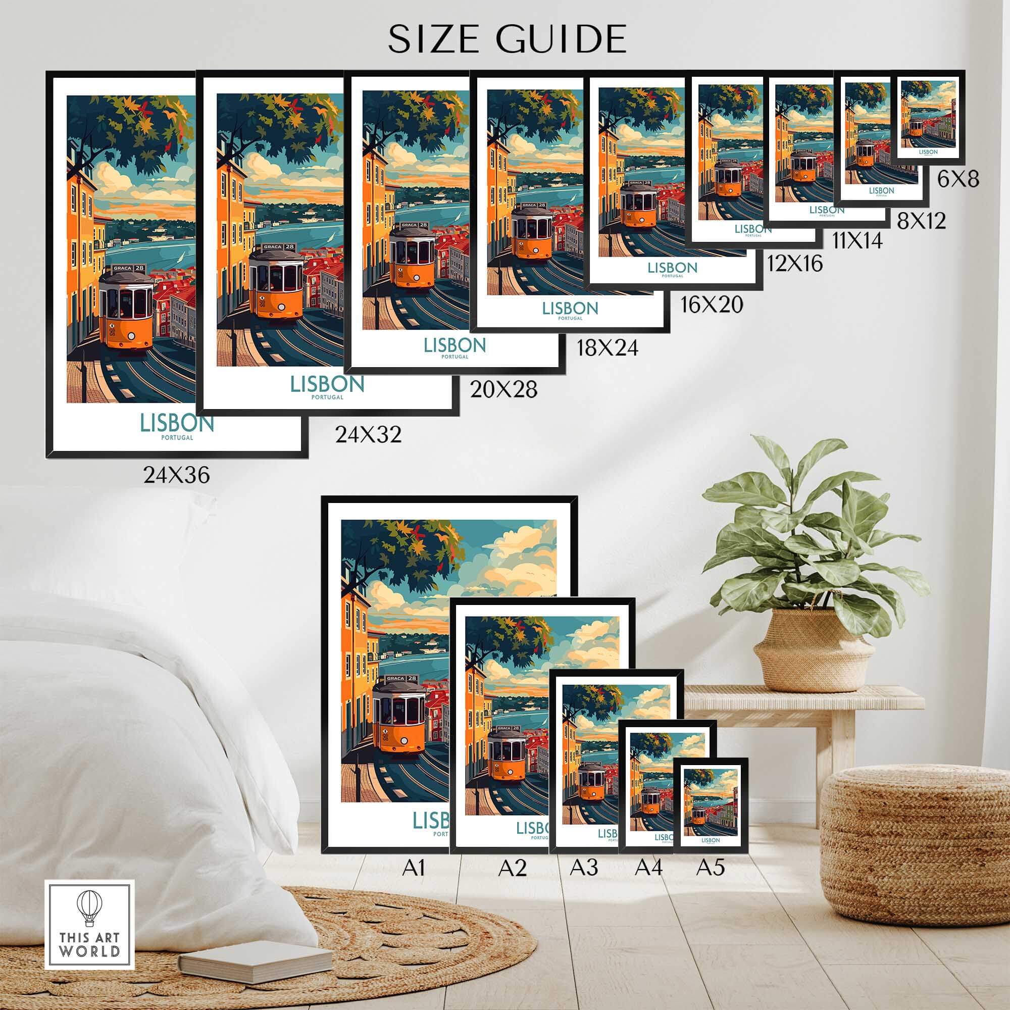 Lisbon Print - Portugal size guide showcasing various frame sizes displayed in a stylish room setting.