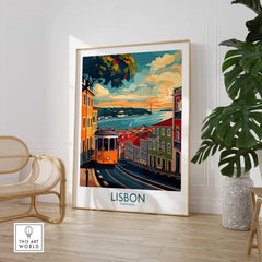 Lisbon Print - Portugal featuring the iconic yellow tram in a vibrant Lisbon street scene.