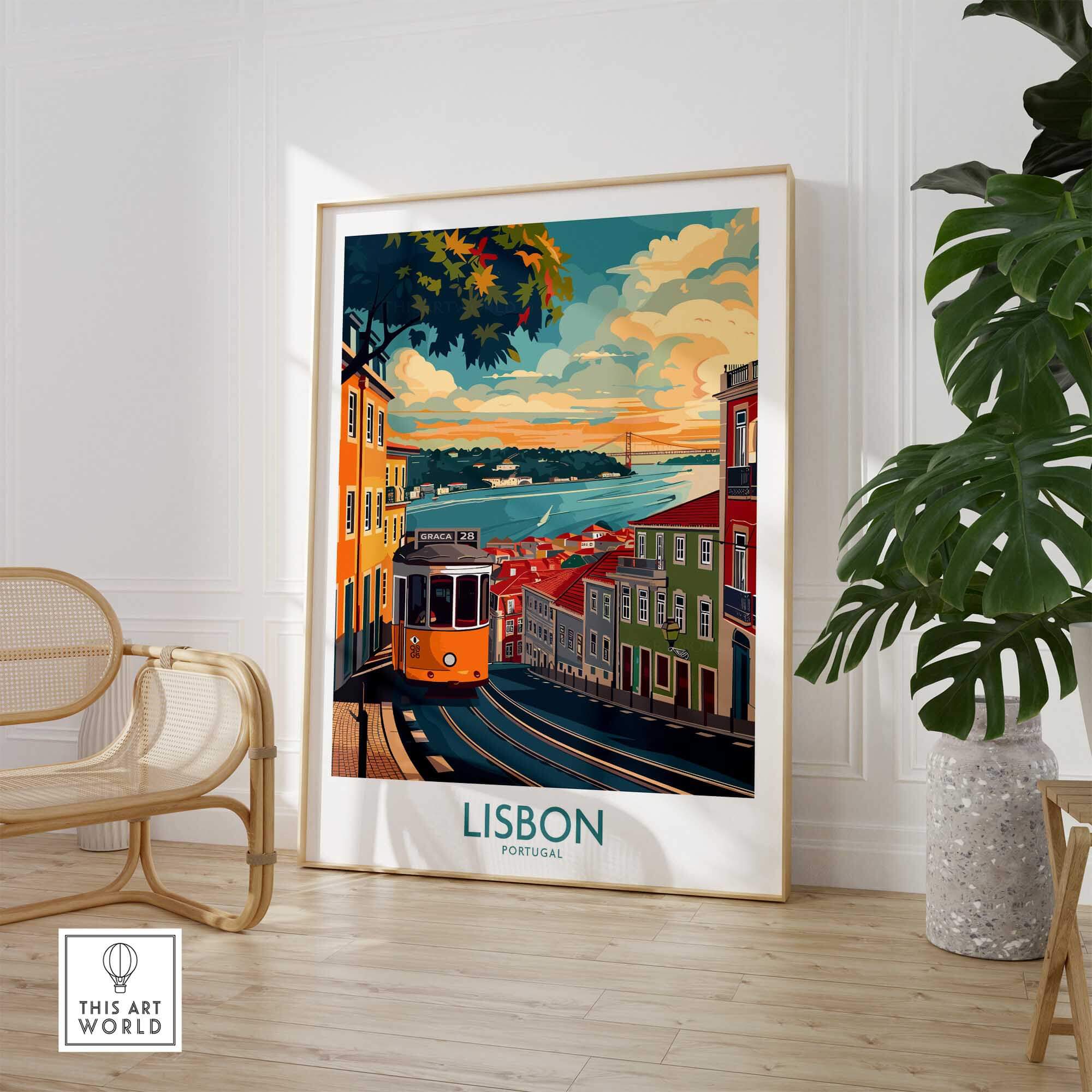 Lisbon Print - Portugal featuring the iconic yellow tram in a vibrant Lisbon street scene.