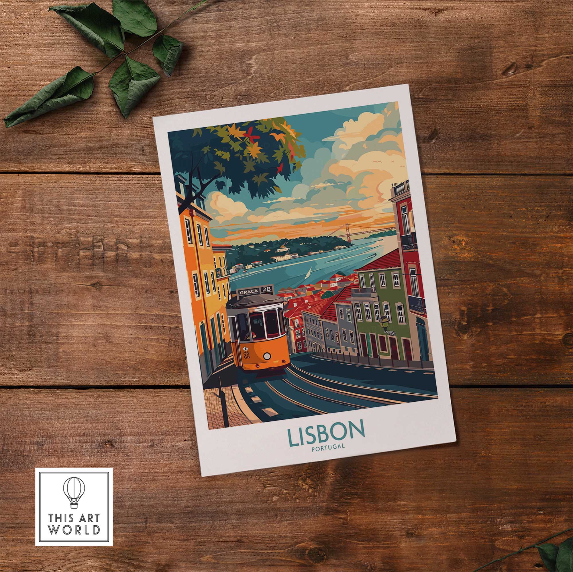 Lisbon Print - Portugal featuring the iconic yellow tram on a colorful street with a scenic view.