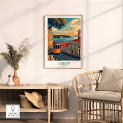 Lisbon Print - Portugal featuring the iconic yellow tram in a vibrant cityscape, perfect for home decor.