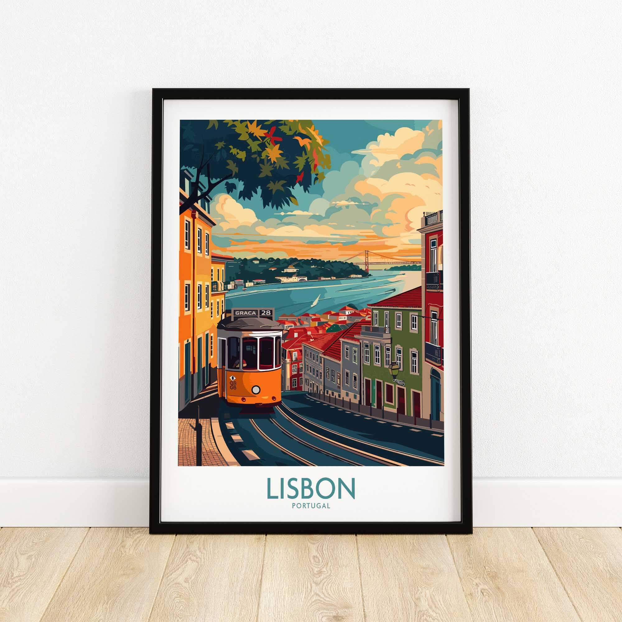 Lisbon Print - Portugal featuring the iconic yellow tram and vibrant cityscape.