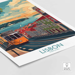 Lisbon Print - Portugal featuring the iconic yellow tram on a scenic street with colorful buildings.
