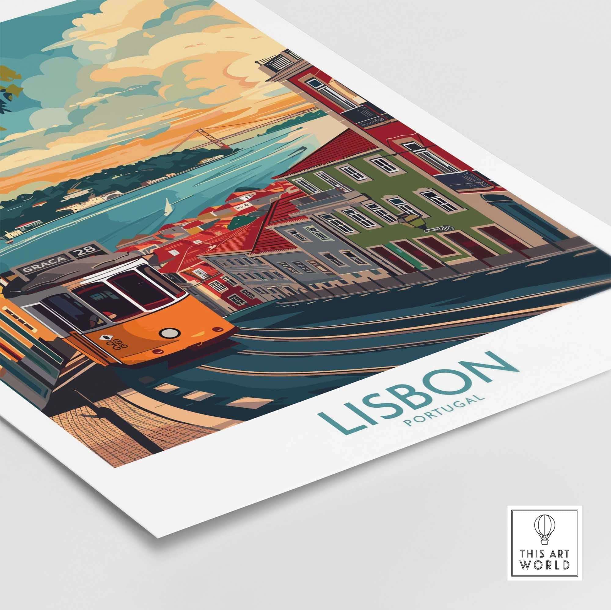 Lisbon Print - Portugal featuring the iconic yellow tram on a scenic street with colorful buildings.