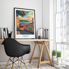 Lisbon Print - Portugal displayed in a stylish home office setting featuring the iconic yellow tram.