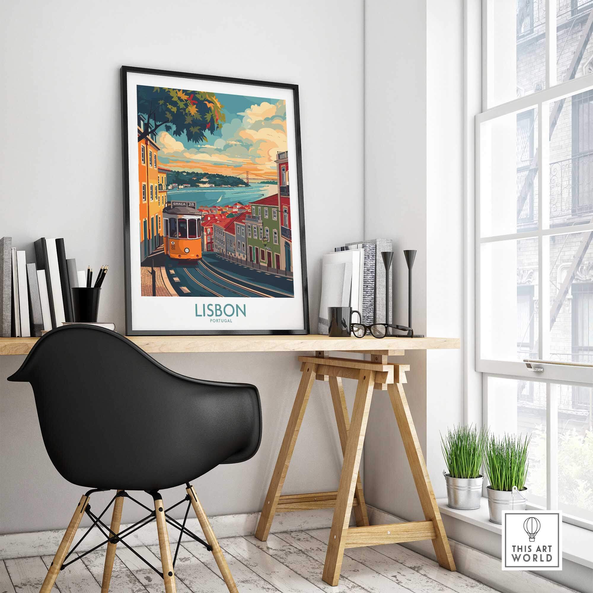 Lisbon Print - Portugal displayed in a stylish home office setting featuring the iconic yellow tram.