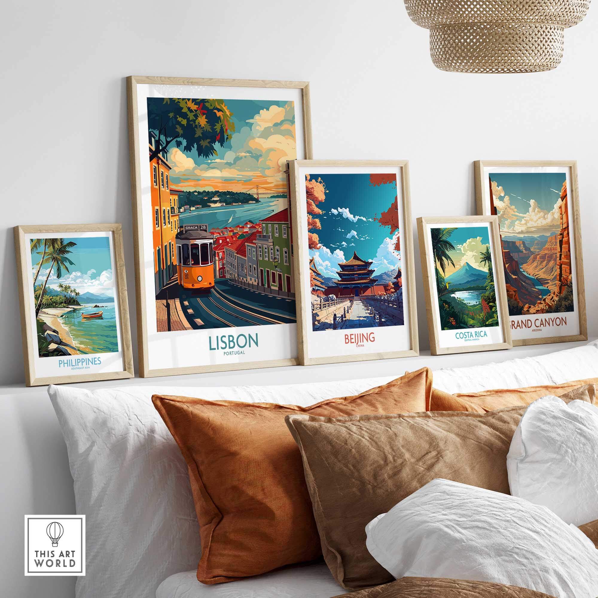 Lisbon Print - Portugal displayed among other travel posters featuring iconic landscapes and vibrant colors.