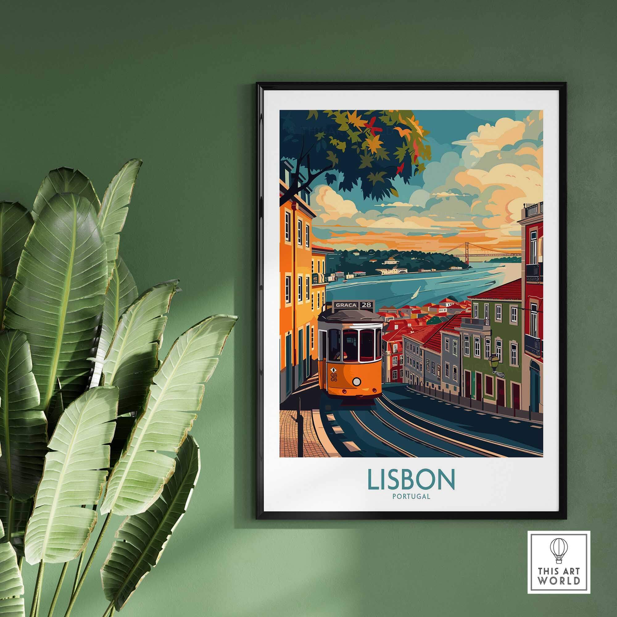 Lisbon Print - Portugal featuring the iconic yellow tram against a vibrant cityscape in Lisbon.